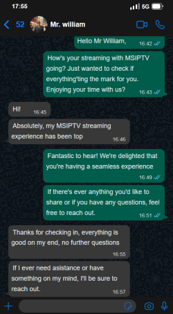 Testimonial by Mr. William, expressing satisfaction with MSIPTV's seamless streaming, a testament to our top IPTV service