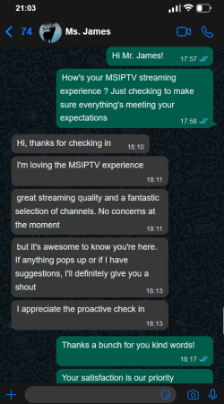 Positive feedback from Ms. James on MSIPTV's service, a contender for the best IPTV provider with a diverse channel lineup