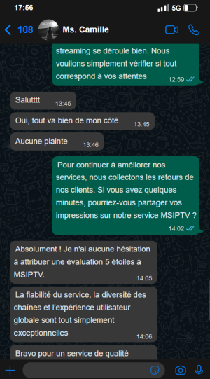 Mme Camille attests to the reliability and variety of MSIPTV's offerings, solidifying our position as a leading smart IPTV provider